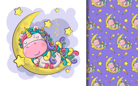 hand drawn cute magical unicorn with moon and stars and pattern set