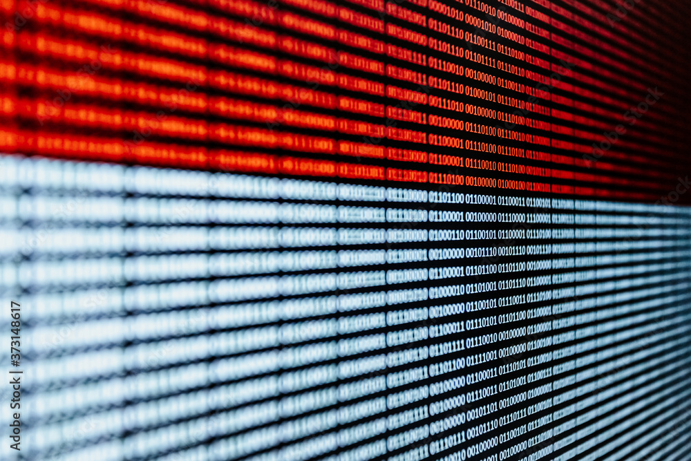 Poster horizontal red and white binary language over a screen background