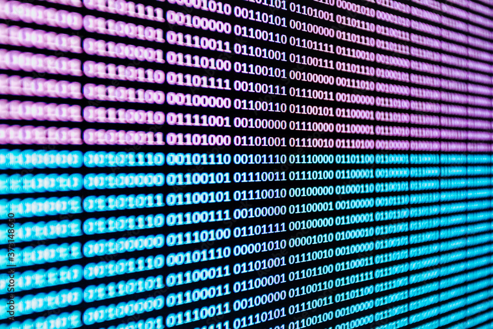 Poster horizontal background of binary language over a screen in pink and blue