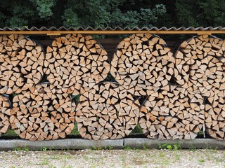 Witterungsschutz - Holzscheite lagern zum Trocknen im Wald	
