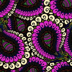 Seamless pattern based on traditional oriental paisley elements, Indian, Turkish, Persian cucumber. Suitable for textiles, fabrics, wallpapers, wrapping paper.
