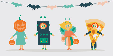 Illustration of kid characters wearing halloween costumes