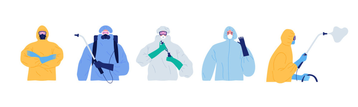 Set Of Diverse Health Care Workers In Hazmat Suit Doing Different Disease Prevention Activities On Isolated White Background. Flat Cartoon Character Collection Cleaning In Outbreak Emergency.