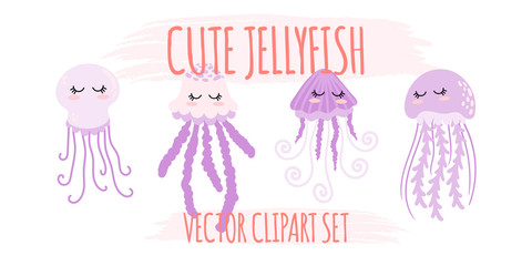 cute jelly fish animal cartoon vector element set
