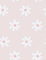 Simple Pastel Color Floral Seamless Vector Pattern. White Hand Drawn Daisies on a Light Pink Background. Infantile Style Abstract Flowers Print. 