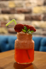 strawberry juice close up in a cafe bar