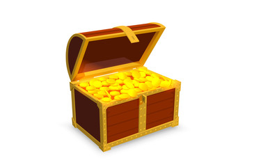 Golden open chest 3d object, vintage icon isolated white background. Vector