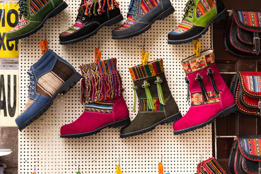 Peruvian Latin american colorful shoes in Cusco, Peru