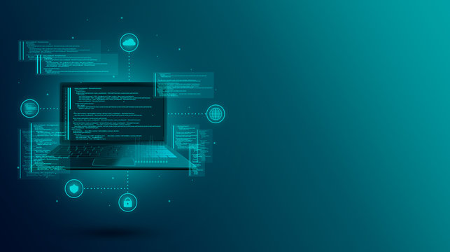 Web development, coding and programming of a site or application. Digital laptop software. Program code on a laptop. Software development, web coding on laptop. Landing page banner. 