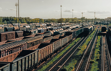 railway marshalling yard. A lot of rail cars. Numerous freight cars at the marshalling yard