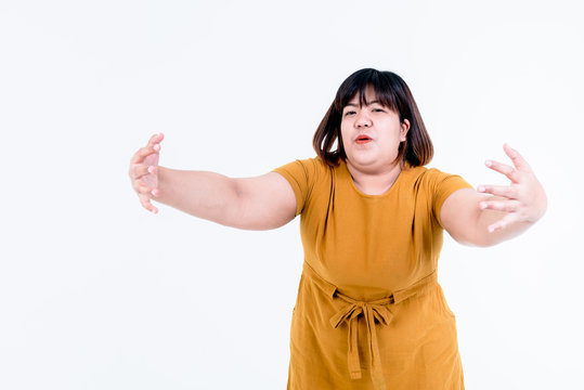 Portrait images of Asian attractive fat woman acting, excited expression on white background