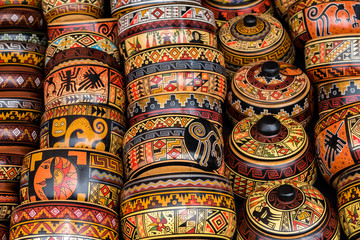 Colorful pottery, craft market of Pisac, near Cusco, Peru - obrazy, fototapety, plakaty
