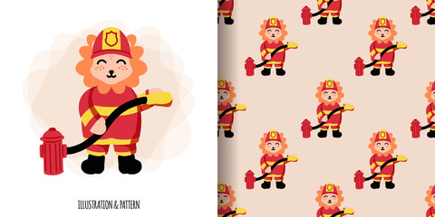 CUTE FIREMAN ANIMAL PROFESSIONS CHARACTER ILLUSTRATION WITH SEAMLESS PATTERN