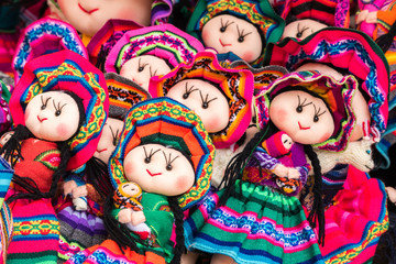 Peruvian traditional colourful handicraft textile fabric in Cusco, Peru - obrazy, fototapety, plakaty