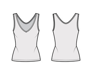 Cotton-jersey tank technical fashion illustration with fitted body, deep V-neckline, elongated hem. Flat outwear apparel template front, back, grey color. Women, men unisex shirt top CAD mockup 