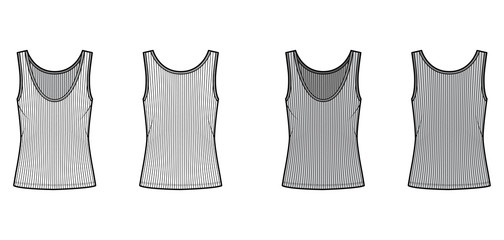 Ribbed open-knit tank technical fashion illustration with oversized body, deep scoop neck, elongated hem. Flat outwear top apparel template front, back, white grey color. Women, men unisex shirt CAD