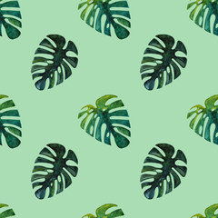 Fototapeta premium Watercolor hand drawn seamless tropical pattern with monstera leaf. Endless texture for design on green background