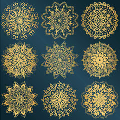 A set of nine gold mandalas against a blue background. Luxurious vector ornament