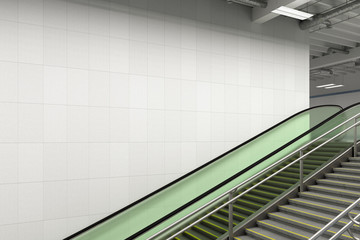 Blank wall mock up underground with escalator and stairs.