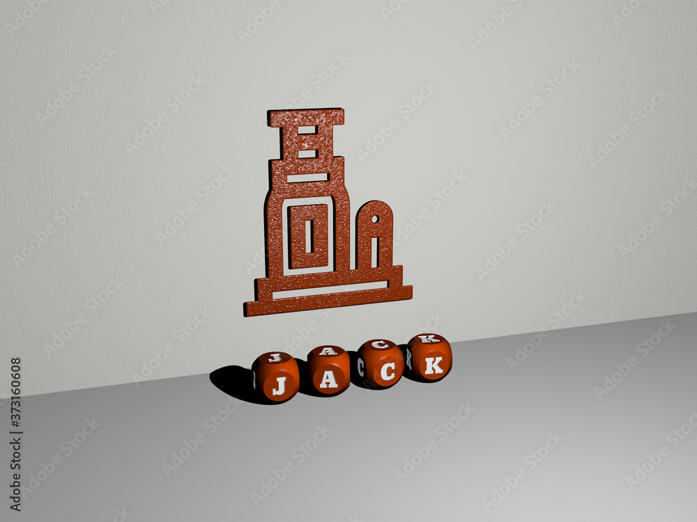 Poster 3d graphical image of jack vertically along with text built by metallic cubic letters from the top p