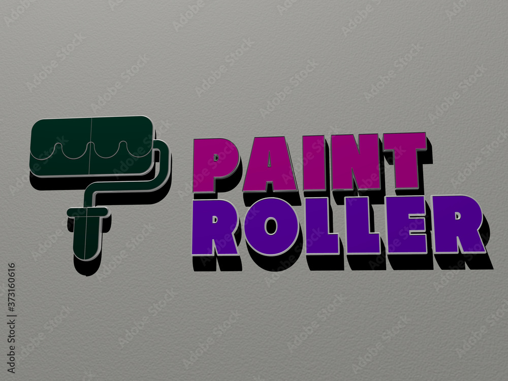 Poster 3d representation of paint roller with icon on the wall and text arranged by metallic cubic letters 