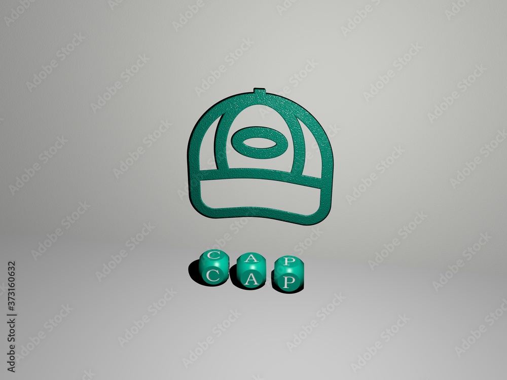 Poster 3d graphical image of cap vertically along with text built by metallic cubic letters from the top pe
