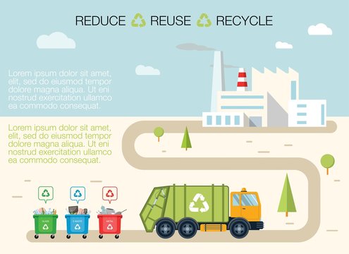 Garbage sorting bins infographic recycling concept. Green Industrial Recycle Process Infographic Illustration, book print, education awareness poster and other.Ecology. Flat vector. Waste managment