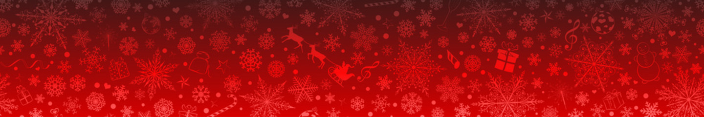 Christmas banner of various snowflakes and holiday symbols, in red colors