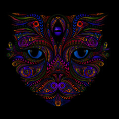 Colored vector cat with a third eye from patterns in the zentangle style