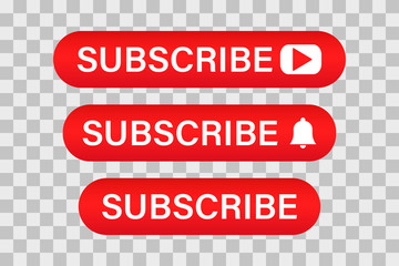 Subscribe button for web site.Colection of red buttons for social media. Vector icon on .transparent background.