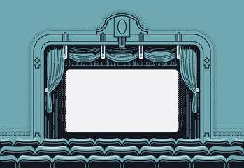 Cinema theatre movie screen vector illustration in retro styled yet clean design. Vintage movie theater interior with curtain, seat rows and blank film screen
