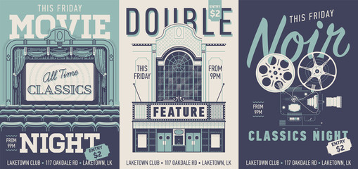 Set of three vector movie poster, flyer or banner templates in retro style. Movie night, Double Feature and Noir Classics night concept designs with vintage looking movie theater items - obrazy, fototapety, plakaty