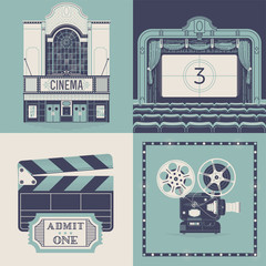 Vector designs on movie theater and cinema entertainment with classic theater facade with marquee signboard, auditorium with movie screen, curtain and seats, clapboard with ticket and retro projector