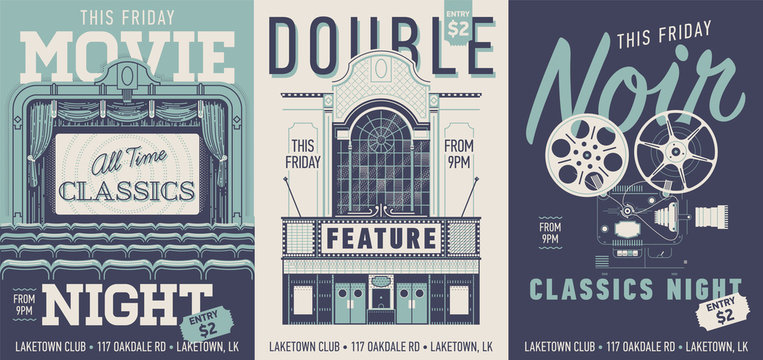 Set of three vector movie poster, flyer or banner templates in retro style. Movie night, Double Feature and Noir Classics night concept designs with vintage looking movie theater items