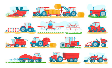 Agricultural machinery set of isolated on white vector illustrations. Agriculture vehicles and farm machines. Tractors, harvesters, combines. Farming and agribusiness of crop and harvest equipment.