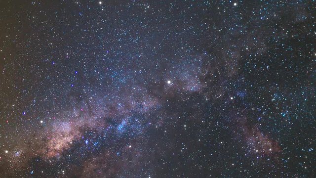 Slow flight through outer space towards unknown galaxies. Night starry sky, milky way in beautiful night horizon. 