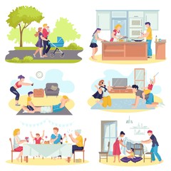 Family together with children concept flat set of vector illustrations. Father and mother playing with kids in living room, walking, cooking, spending time together. Happy parents and kids.