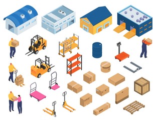 Isometric warehouse, industrial equipment for storage and distribution, set of isolated vector illustrations. Forklifts carrying pallets with boxes, storehouse shelves, warehouse workers, buildings. - obrazy, fototapety, plakaty