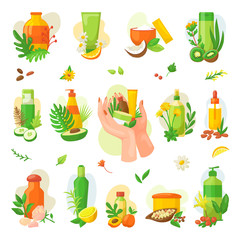 Natural organic cosmetics labels and badges for health care, set of vector illustrations. Natural oils products for spa and wellness, beauty and healthy life. Cosmetical icons. Cosmeticisian stickers.