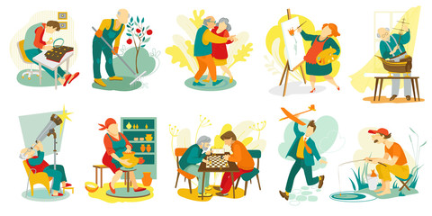 Fototapeta premium People hobby, creative artistic man and woman characters doing favorite things, set of vector illustration. Art, music, chess playing, dance leisure and recreation for senior. Drawing, sculping hobby.