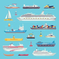 Fototapeta premium Sea transport set of water transportation shipping carriages isolated vector illustrations. Ship, yacht, boat vessel and cargo wherry, hovercraft. Nautical transporting carrier, freight.