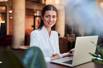 Beautiful young female entrepreneur working on the laptop