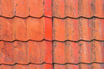 Top view old red metal roof, background.