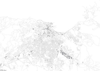 Map of Tangier, satellite view, city,  Morocco. Street and building