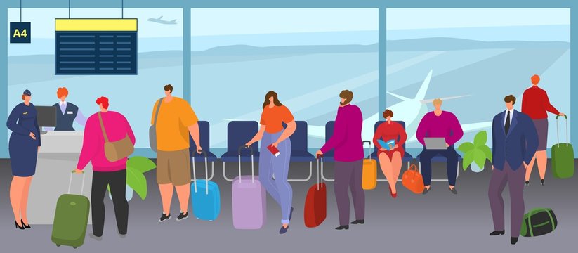 Airport people queue trip with luggage, baggage vector illustration. Tourist group at terminal wait for flight, man woman character passenger in line. Vacation travel with suitcase, airline check.