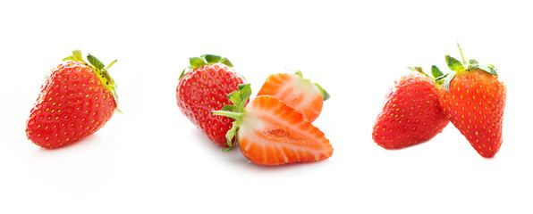 Photo collage of several strawberries on a white background, banner