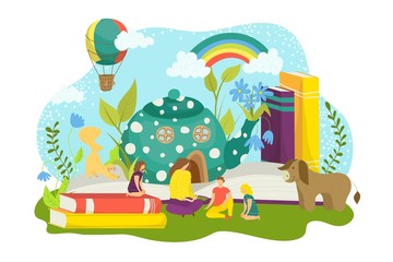 Book imagination, cartoon fairy tale vector illustration. Open magic story, fantasy dream concept for family character design. Happy mom reading page to child, flat creative fairy tale.