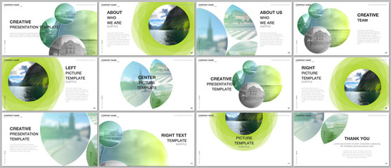Presentation design vector templates, multipurpose template for presentation slide, flyer, brochure cover design, infographic report presentation. Abstract green fresh fluid geometric design.