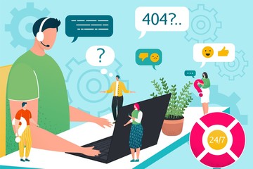 Customer support service technology for flat person, business call online vector illustration. Assistant people character concept, phone communication. Professional man with headset work for client.