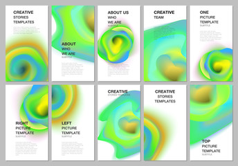 Social networks stories design, vertical banner or flyer templates. Covers design templates for flyer, brochure cover, presentation. Colorful gradient fluid backgrounds with dynamic liquid forms.
